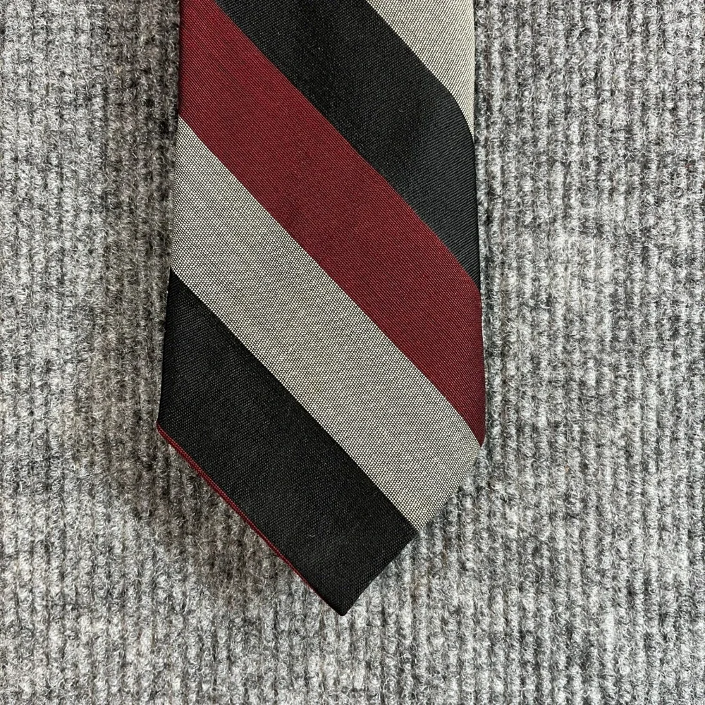 Stuart Shaines of Dover Mens Silk Stripe Tie Burgundy Black Silver Regimental